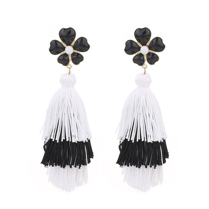 Bohemian style long drop oil flower tassel earrings for women
